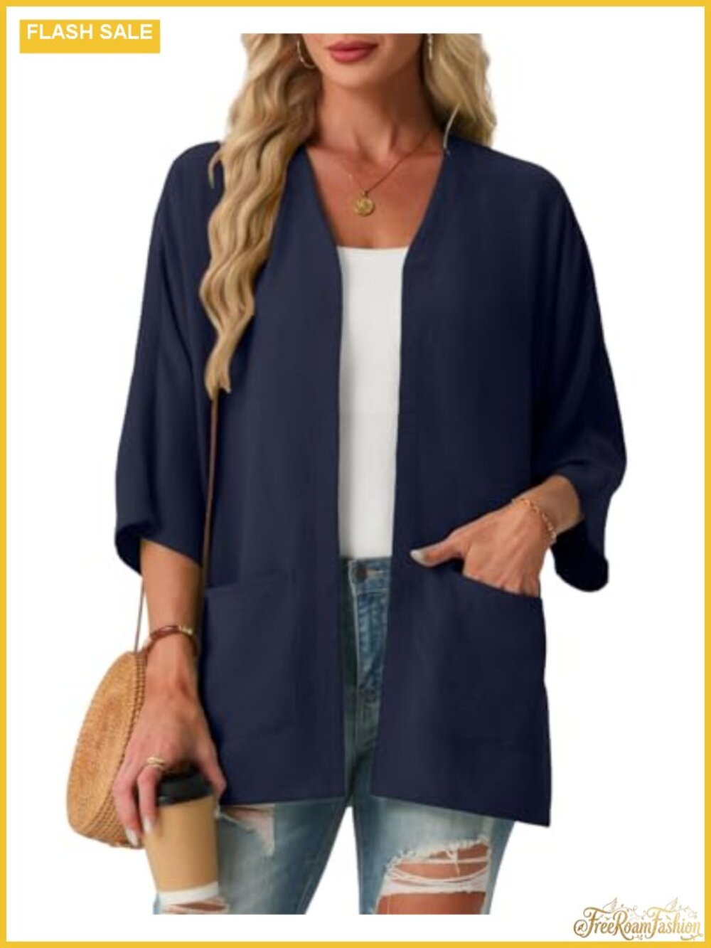 Lightweight Open Front 3/4 Sleeve Kimono Cardigan with Pockets Loose Summer